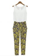 Rosewe White And Printed Splicing Sleeveless Jumpsuit For Women