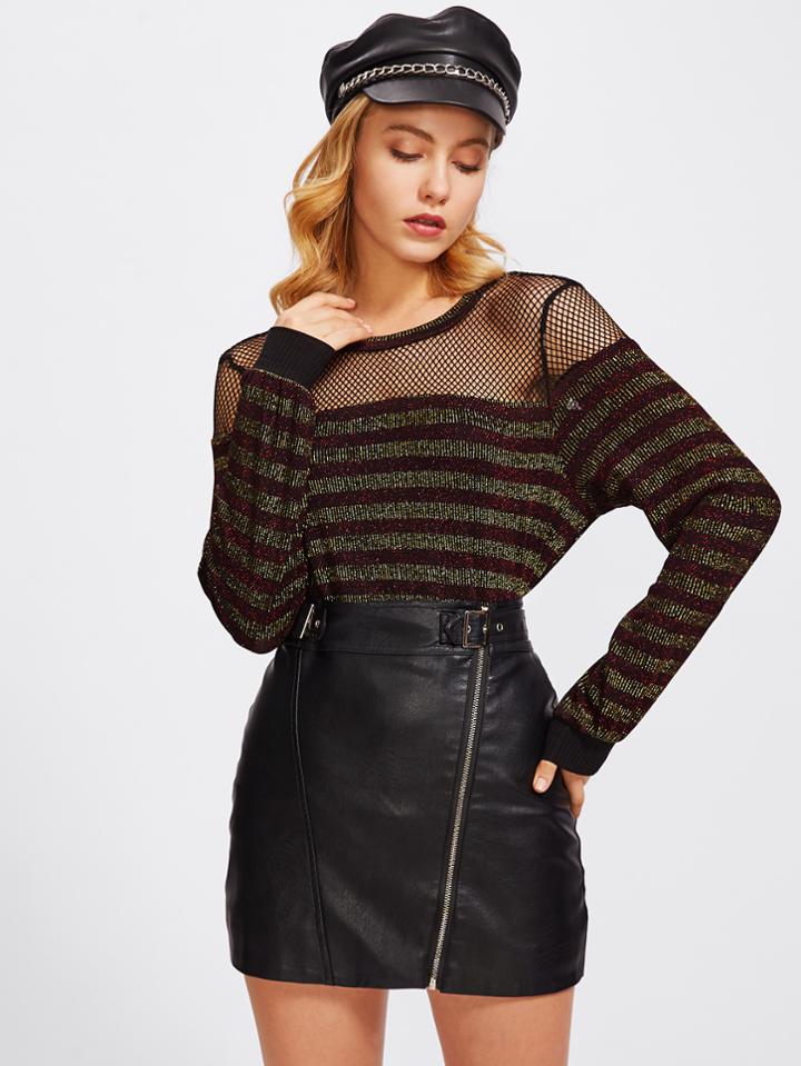 Shein Eyelet Mesh Yoke Glitter Striped Tee