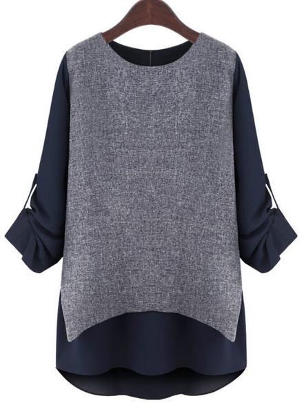 Shein Color-block Round Neck Dip Hem Blouse