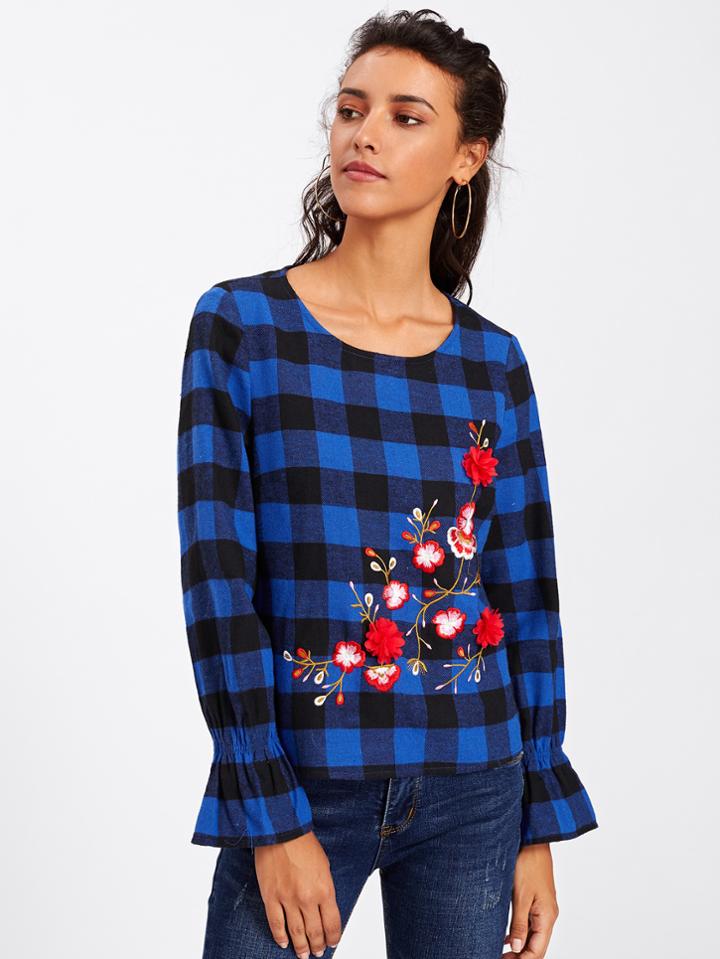 Shein Botanical Embroidery Frill Cuff Gingham Blouse