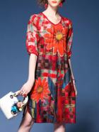 Shein Red V Neck Flowers Print Shift Dress