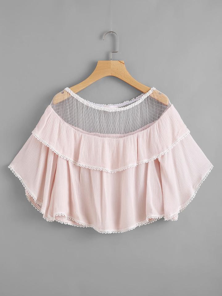 Shein Contrast Crochet Trim Mesh Insert Frill Top