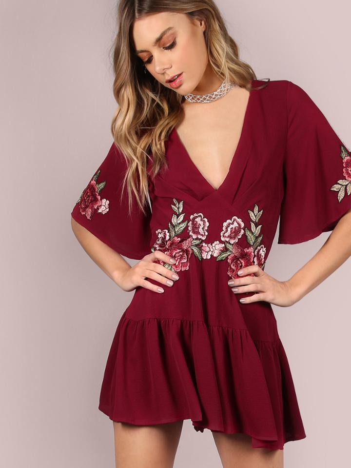 Shein Plunging Floral Patch Ruffle Hem Romper Burgundy