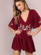 Shein Plunging Floral Patch Ruffle Hem Romper Burgundy
