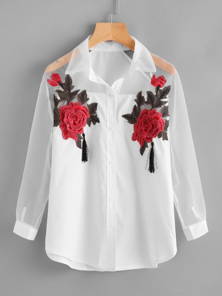 Shein Mesh Panel Embroidered Applique Shirt