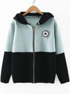 Shein Blue Color Block Hooded Sweater Coat With Badge