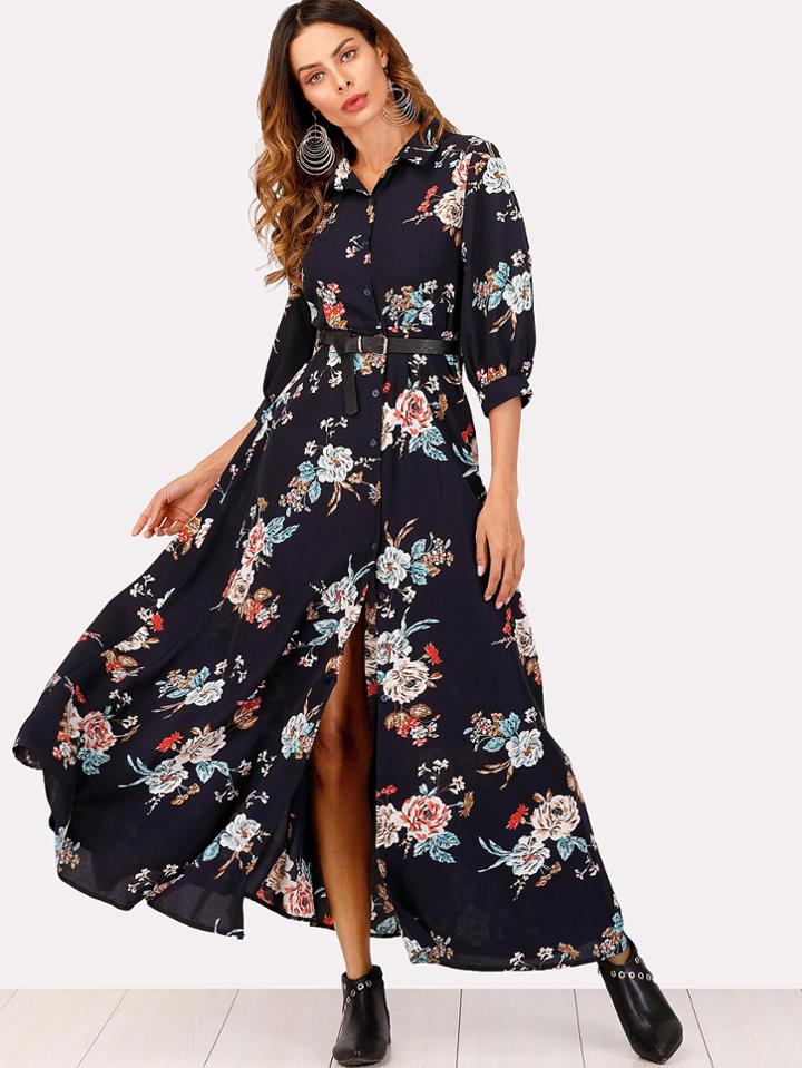 Shein Single Breasted  Floral Print Split Dress