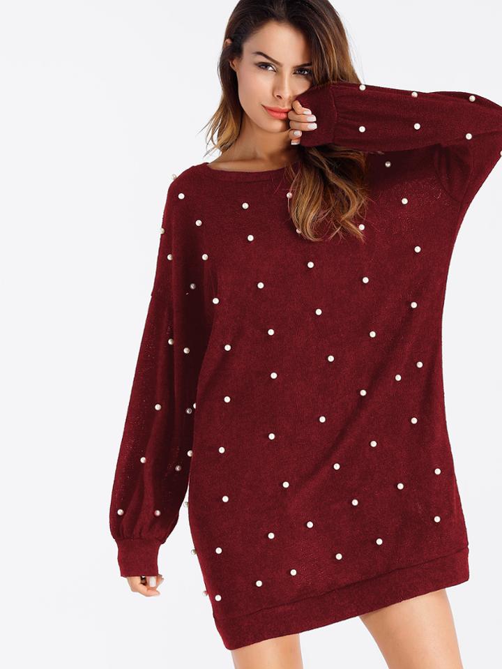 Shein Pearl Beaded Drop Shoulder Sweater Dress