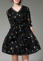 Shein Black V Neck Sheer Print A-line Dress