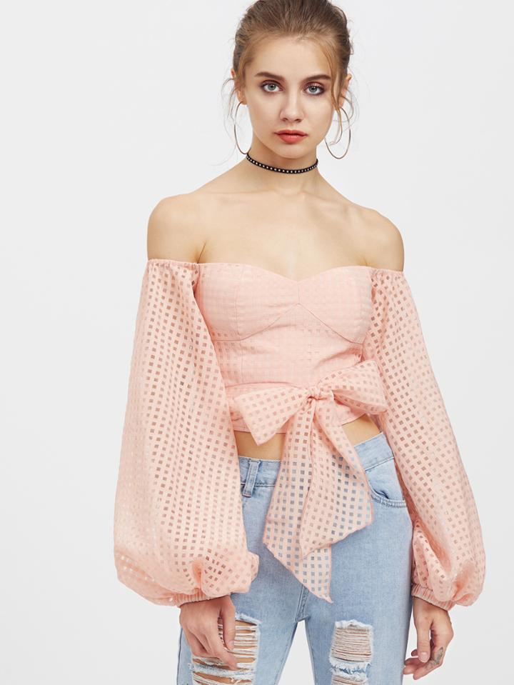 Shein Bishop Sleeve Self Belt Square Cutout Bustier Top