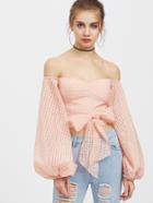Shein Bishop Sleeve Self Belt Square Cutout Bustier Top
