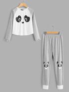Shein Panda Print Frilled Tee & Sweatpants Pajama Set