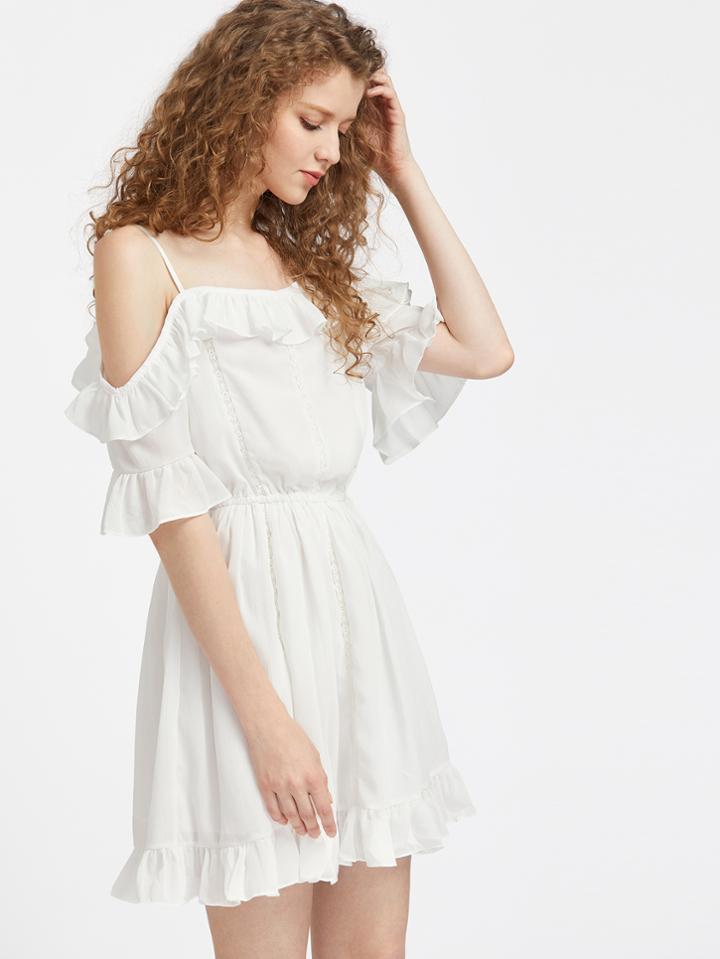 Shein Cold Shoulder Fluted Sleeve Lace Insert Ruffle Dress