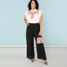 Shein Plus Tie Neck Ruffle Trim Color Block Jumpsuit
