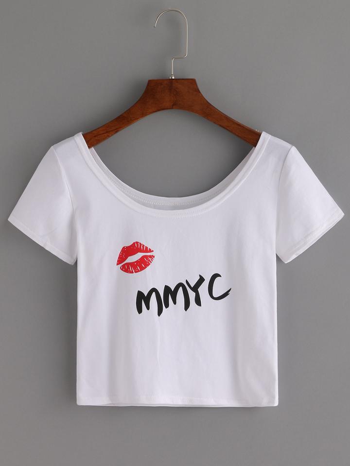 Shein White Letters And Lip Print Scoop Neck Crop T-shirt