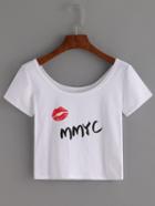 Shein White Letters And Lip Print Scoop Neck Crop T-shirt
