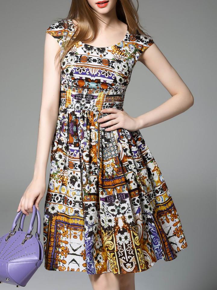 Shein Multicolor Elastic-waist Print A-line Dress