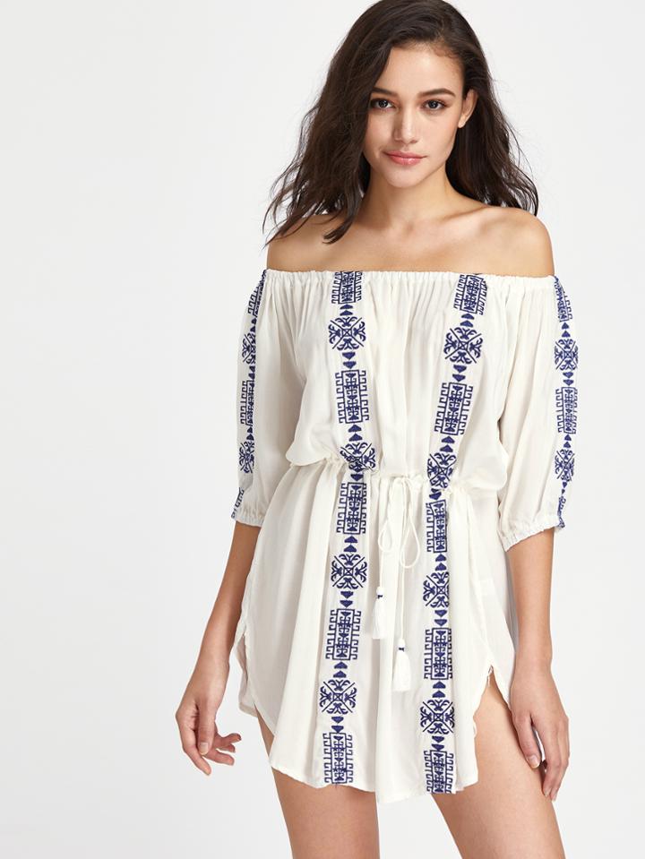 Shein Graphic Print Off The Shoulder Drawstring Waist Cover Up Dress