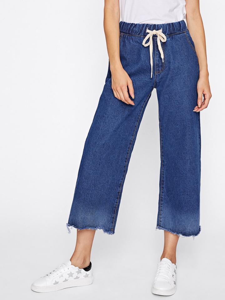 Shein Tie Waist Frayed Hem Wide Leg Jeans