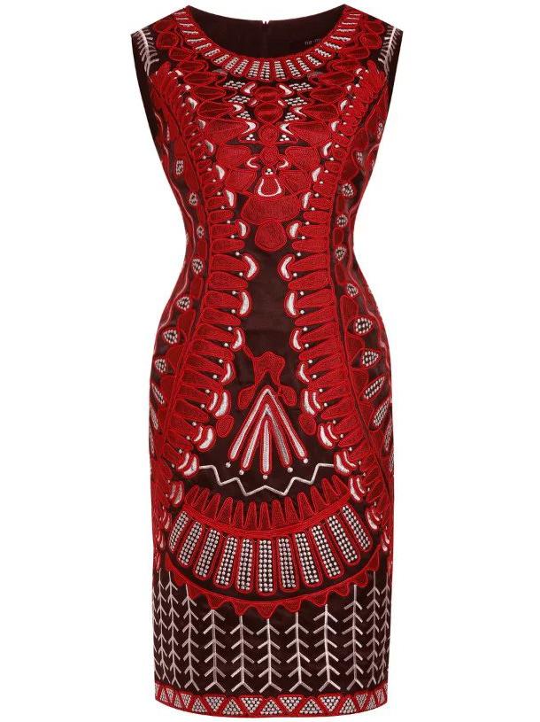 Shein Burgundy Disc Flowers Embroidered Sheath Dress