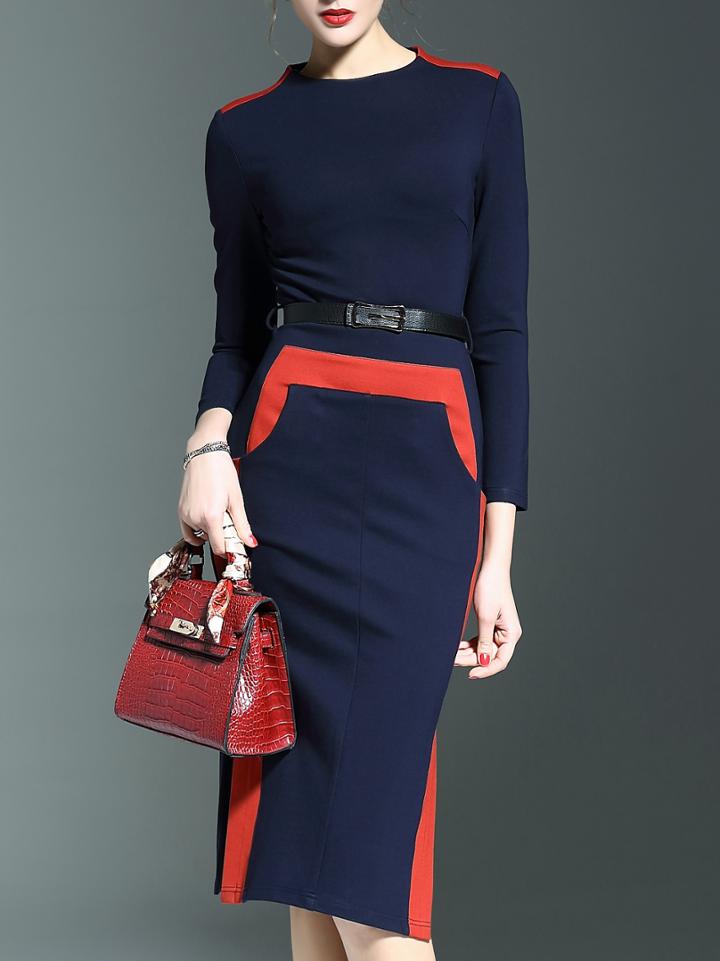 Shein Navy Color Block Belted Pockets Split Sheath Dress
