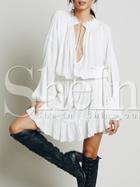 Shein White Long Sleeve V Neck Styles Ruffle Dress