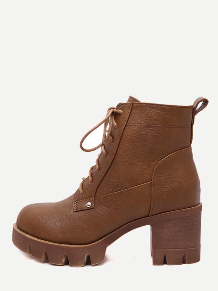 Shein Brown Faux Leather Lace Up Chunky Boots