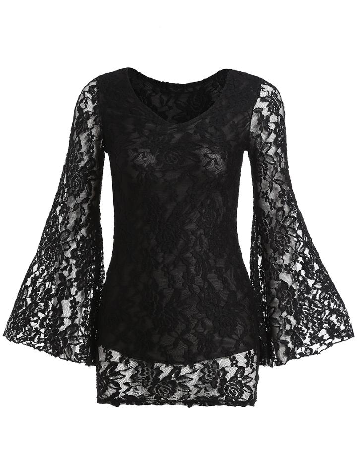 Shein Black V Neck Bell Sleeve Bodycon Lace Dress