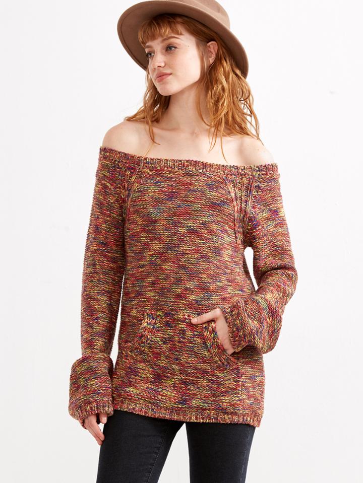 Shein Multicolor Marled Knit Off The Shoulder Sweater