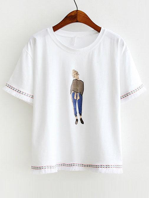 Shein White Girl Print Embroidery Fringe Trim T-shirt