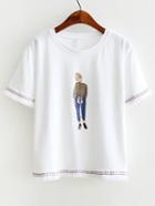 Shein White Girl Print Embroidery Fringe Trim T-shirt