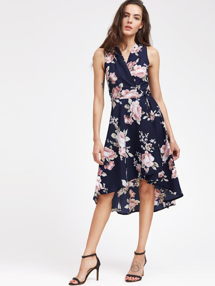 Shein V Neckline Floral Print Dip Hem Dress