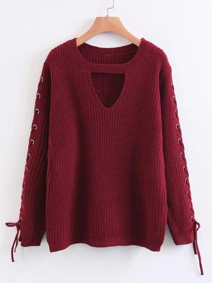 Shein Choker V Neck Lace Up Sleeve Sweater