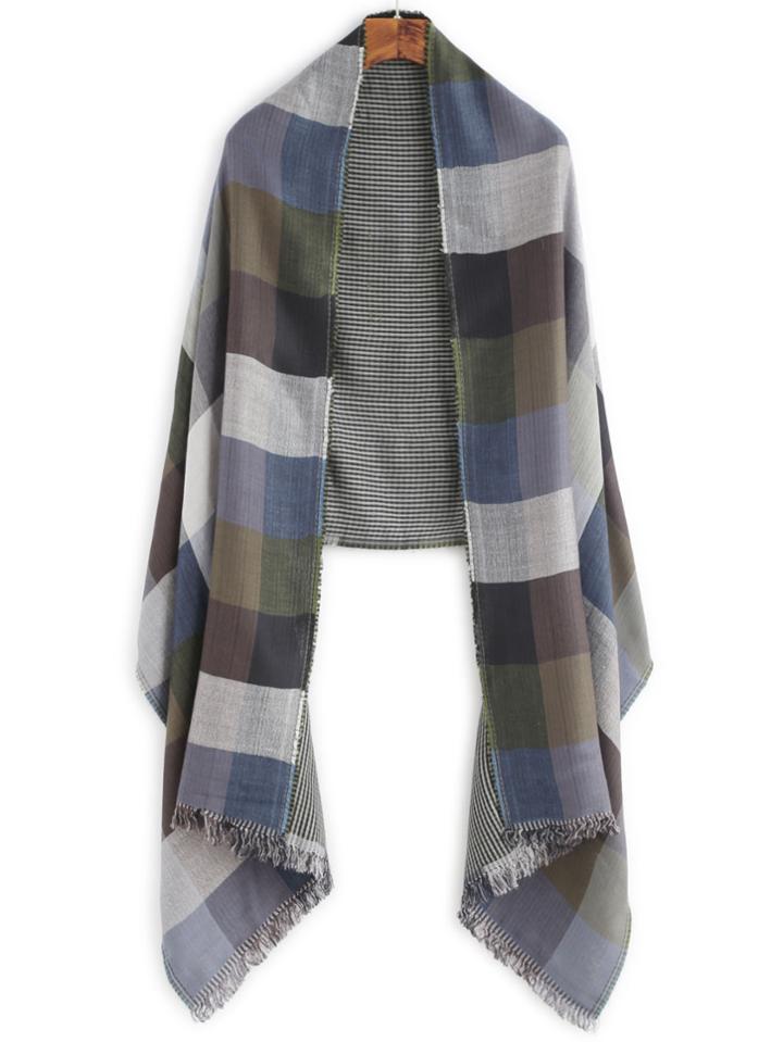Shein Blue And Green Plaid Fringe Edge Shawl Scarf