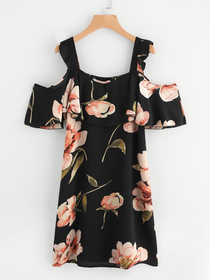 Shein Random Botanical Print Flounce Layered Chiffon Dress