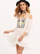 Shein Begin Cold Shoulder Embroidered Ruffle Dress