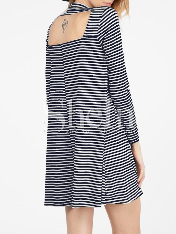Shein Navy White Long Sleeve Striped Dress