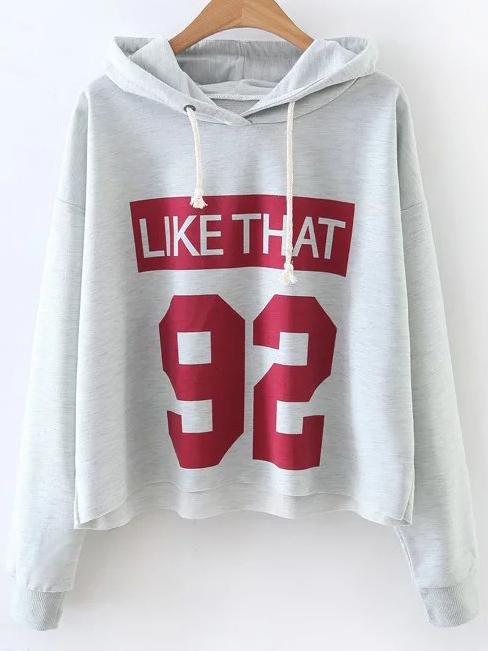 Shein Grey Letter Print Hooded Casual Sweatshirt