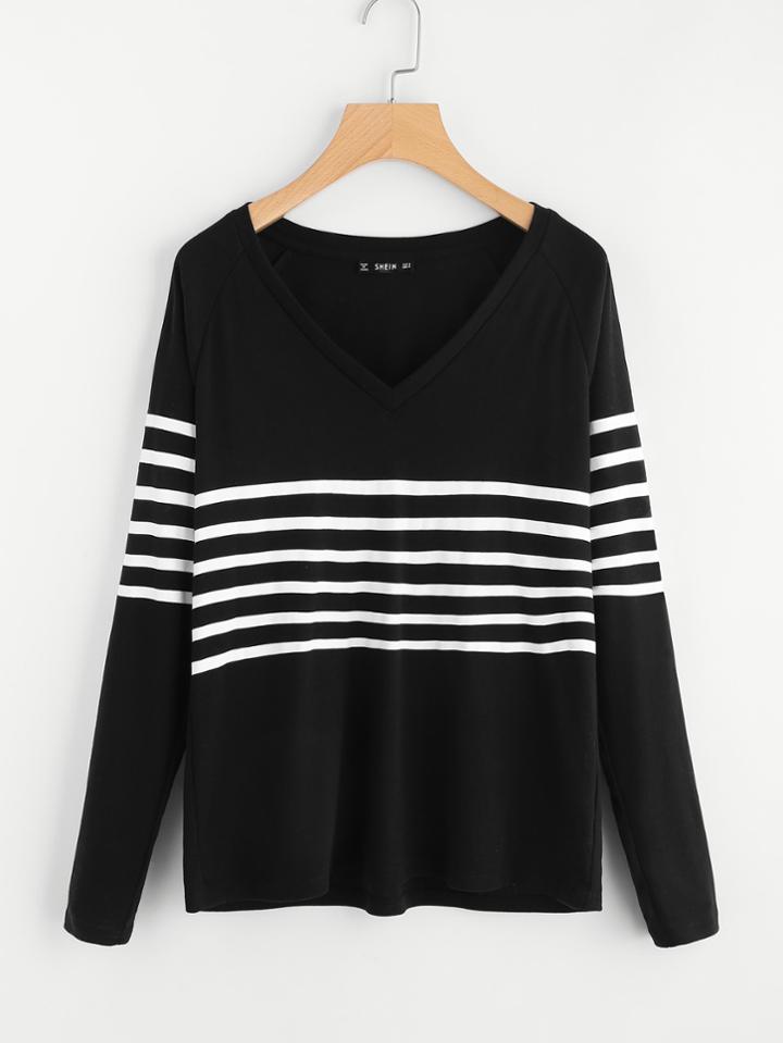 Shein Striped Insert V Neck Tee