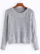 Shein Grey Round Neck Pocket Ripped Crop Sweater