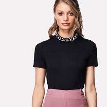 Shein Pearl Detail Mock Neck Tee