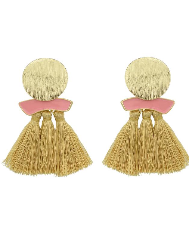 Shein Beige Boho Earrings Round Metal With Colorful Handmade Tassel Drop Earrings