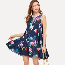 Shein Lace Insert Tassel Tied Floral Dress