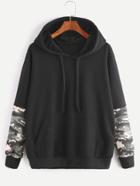 Shein Black Hooded Contrast Camo Print Sleeve Sweatshirt
