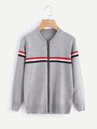 Shein Striped Trim Zip Up Sweater Coat