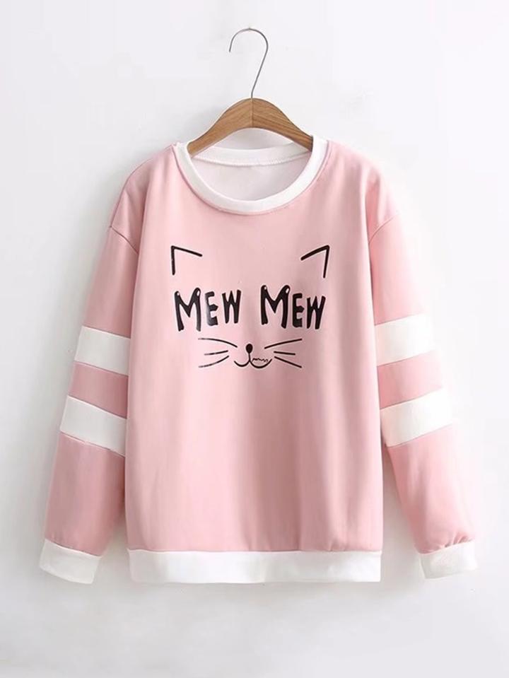 Shein Cat Print Striped Sleeve Sweatshirt