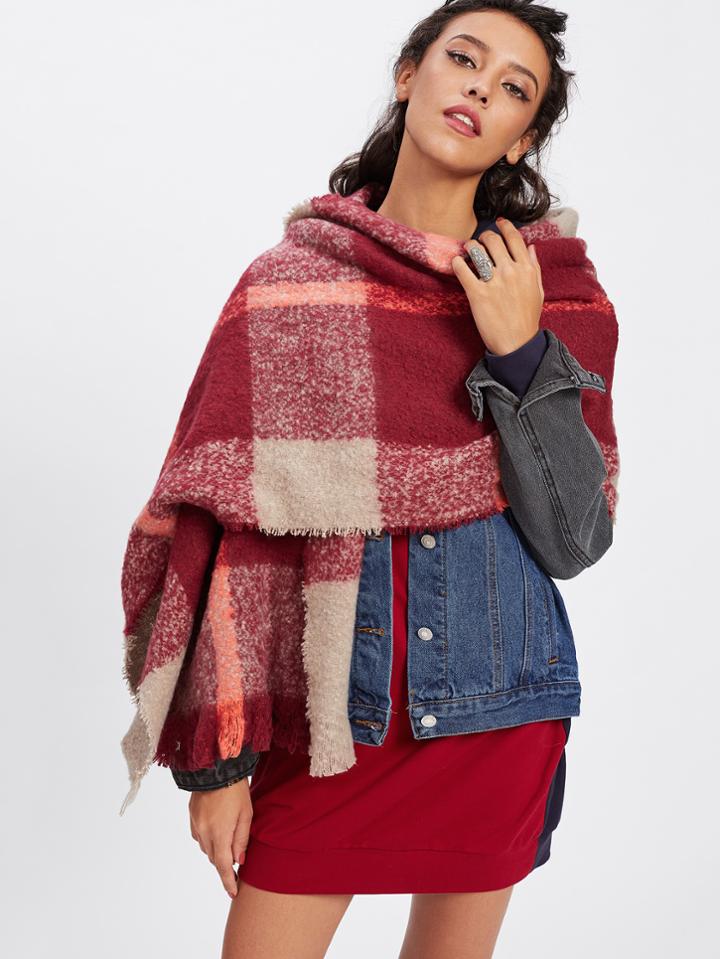 Shein Frayed Trim Grid Scarf