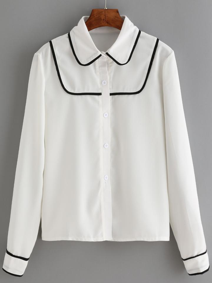 Shein White Long Sleeve Blouse With Contrast Trims