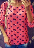 Rosewe Round Neck Heart Print Button Closure Blouse