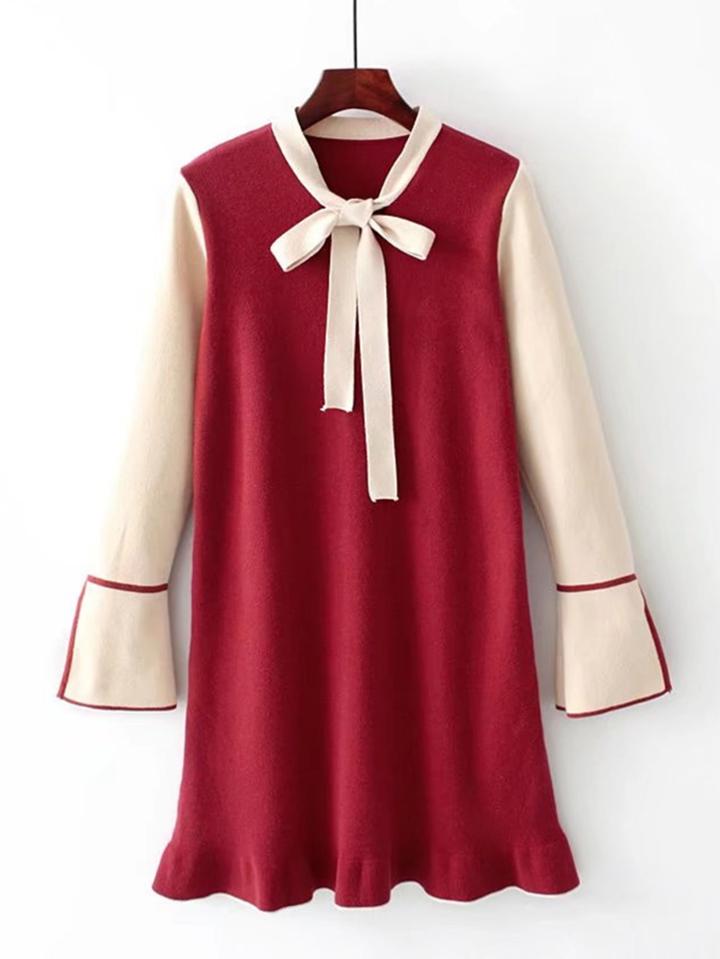 Shein Flute Sleeve Tie Neck Knit Dress